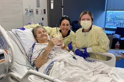 Vascular surgery patient Debra Samuels, shown here with nurses Sara Tarangelo, left, and Kelsey Long, holding a Starbucks drink.